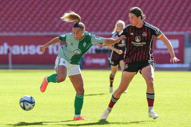 f l Maja Sternad SV Werder Bremen, 11 and Lara Schmidt 1 FC Nürnberg, 27 in duel, duel, dynamic, action, game scene, THE DFB REGULATIONS PROHIBIT ANY USE OF PHOTOGRAPHS AS IMAGE SEQUENCES AND OR QUASI VIDEO , 16 09 2023, Nuremberg Germany , Football, Google Pixel Womens Bundesliga, 1 FC Nürnberg SV Werder Bremen xobx