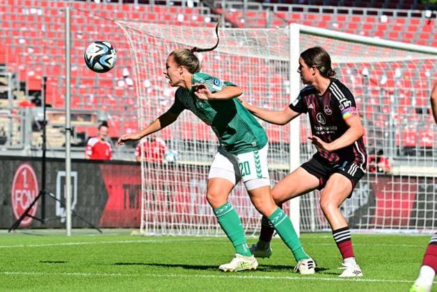 16 09 2023 football season 2023 2024 1 women football Bundesliga 01 matchday 1 FC Nürnberg FCN club SV Werder Bremen SVW Sportfoto Zink xwoxzix Christin Meyer 20, SV Werder Bremen Lara Schmidt 27, 1 FC Nürnberg FCN