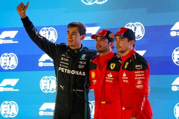 63 George Russell GBR, Mercedes AMG Petronas F1 Team , 55 Carlos Sainz ESP, Scuderia Ferrari , 16 Charles Leclerc MCO, Scuderia Ferrari , F1 Grand Prix of Singapore at Marina Bay Street Circuit on September 16, 2023 in Singapore, Singapore Photo by HOCH ZWEI Singapore Singapore