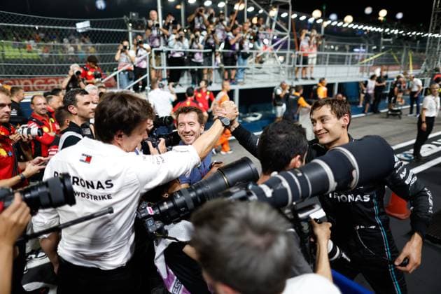 Toto Wolff AUT, Mercedes AMG Petronas F1 Team , 63 George Russell GBR, Mercedes AMG Petronas F1 Team , F1 Grand Prix of Singapore at Marina Bay Street Circuit on September 16, 2023 in Singapore, Singapore Photo by HOCH ZWEI Singapore Singapore
