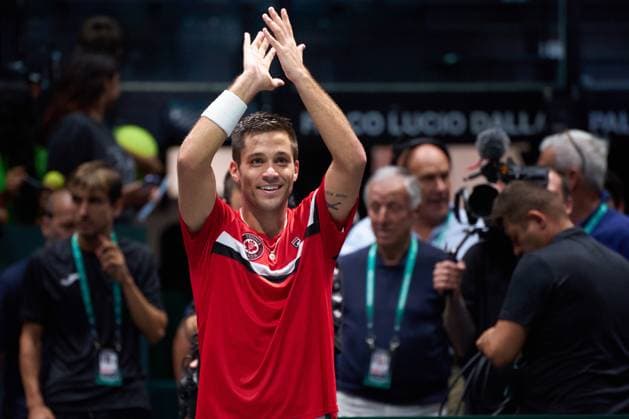 Tennis, Davis Cup, Kanada - Chile Alexis Galarneau of Canada celebrates his win against Alejandro Tabilo of Chile at the Davis Cup Group Stage 2023 Bologna match between Canada and Chile at Unipol Arena on September 16, 2023 in Bologna, Italy. (Photo by Camilla Stolen Imago) Bologna ITALY Copyright: xCamillaxStolenx L1420912 1