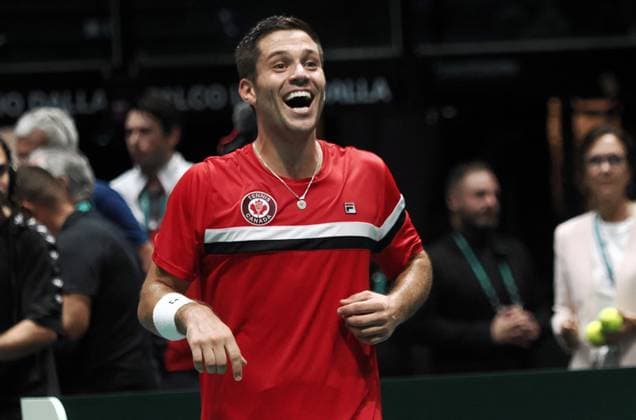 Tennis, Davis Cup, Kanada - Chile Alexis Galarneau jubilates at the end of the group A match of the Davis tennis cup final Canada vs Chile at Unipol arena, Bologna, Italy, September 16, 2023 - photo c.b.  Copyright: xCorrispondentexBologna IPAxSportx xx IPA_40348013 IPA_IPA40348013