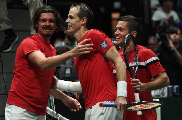 Tennis, Davis Cup, Kanada - Chile Photo Michele Nucci LaPresse - September 16, 2023 Bologna, Italy - tennis - Canada vs. Chile - Finals group A - double match between Alexis Galarneau and Vasek Pospisil (CAN) vs. Alejandro Tabilo and Tomas Barrios Vera (CHI) - Davis Cup 2023 - Unipol Arena. In the pic: Canada team captain Frank Dancevic, Alexis Galarneau and Vasek Pospisil celebrates the victory and qualification for the final 8 in Malaga  Copyright: xMichelexNucci LaPresse MichelexNx