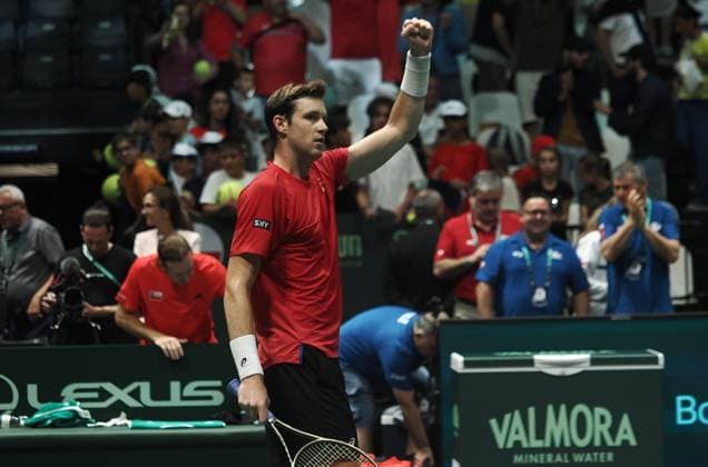 Tennis, Davis Cup, Kanada - Chile Nicolas Jarry celebrates at the end of the group A match of the Davis tennis cup final Canada vs Chile at Unipol arena, won 6-4 6-4 - Bologna, Italy, September 16, 2023 - photo c.b.the  Copyright: xCorrispondentexBologna IPAxSportx xx IPA_40350678 IPA_IPA40350678