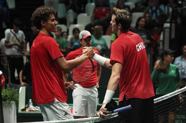 Tennis, Davis Cup, Kanada - Chile International Tennis match - 2023 Davis Cup - Canada vs Chile Nicolas Jarry celebrates at the end of the group A match of the Davis tennis cup final Canada vs Chile at Unipol arena, won 6-4 6-4 - Bologna, Italy, September 16, 2023 - photo c.b.the Bologna Italy  Copyright: xIPAxSport ABACAx BRIPASport20230916_317 IPAxSport ABACAx BRIPASport20230916_317
