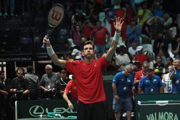Tennis, Davis Cup, Kanada - Chile International Tennis match - 2023 Davis Cup - Canada vs Chile Nicolas Jarry celebrates at the end of the group A match of the Davis tennis cup final Canada vs Chile at Unipol arena, won 6-4 6-4 - Bologna, Italy, September 16, 2023 - photo c.b.the Bologna Italy  Copyright: xIPAxSport ABACAx BRIPASport20230916_319 IPAxSport ABACAx BRIPASport20230916_319