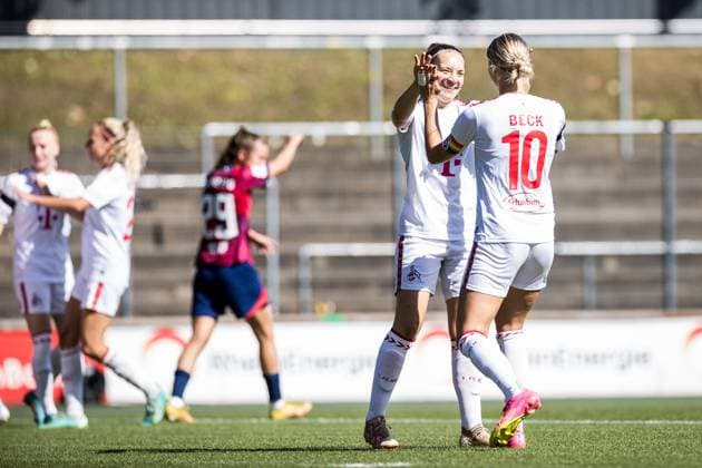 GOOGLE PIXEL Frauen Bundesliga 1 FC Koeln RB Leipzig 17 09 2023 Cheer for 1 0 by Marleen Schimmer 1 FC Koeln, 23 GOOGLE PIXEL Frauen Bundesliga, 1 FC Koeln RB Leipzig, Koeln, Franz Kremer Stadion on 17 09 2023 DFB REGULATIONS PROHIBIT ANY USE OF PHOTOGRAPHS AS IMAGE SEQUENCES AND OR QUASI VIDEO Copyright: xBEAUTIFULxSPORTS Wunderlx