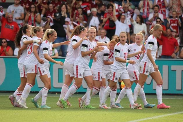 Goal celebration 2 1 by Sharon Beck Cologne, R , 1 FC Cologne RB Leipzig, Google Pixel Frauen Bundesliga, 1 Spieltag, Cologne, Germany, 17 09 2023