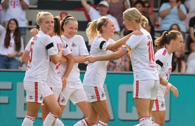 Goal celebration 2 1 by Sharon Beck Cologne, 2 v r , 1 FC Cologne RB Leipzig, Google Pixel Womens Bundesliga, Matchday 1, Cologne, Germany, 17 09 2023.