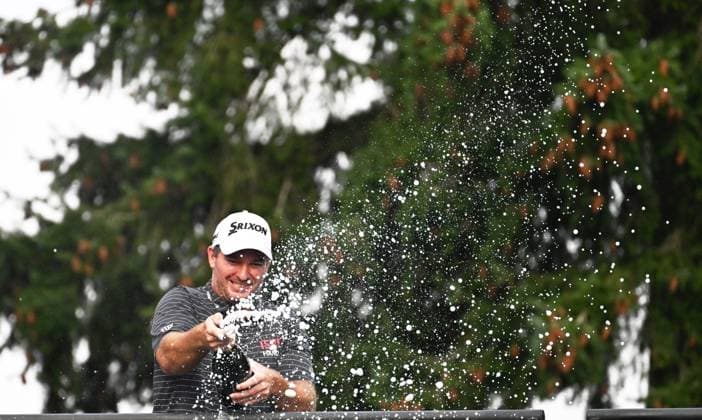 Mandatory Credit: Photo by Sandra Mailer Shutterstock (14094596d) Ryan Fox of New Zealand wins the BMW PGA, Golf Herren Championship 2023 at Wentworth and celebrates with champagne BMW PGA Championship, Day 4, Golf, Wentworth Club, UK - 17 Sep 2023 BMW PGA Championship, Day 4, Golf, Wentworth Club, UK - 17 Sep 2023  Copyright: xSandraxMailer Shutterstockx 14094596d