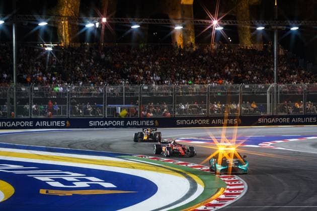 F1 Safety Car, Aston Martin Vantage, 55 Carlos Sainz ESP, Scuderia Ferrari , 1 Max Verstappen NLD, Oracle Red Bull Racing , F1 Grand Prix of Singapore at Marina Bay Street Circuit on September 17, 2023 in Singapore, Singapore Photo by HOCH ZWEI Singapore Singapore