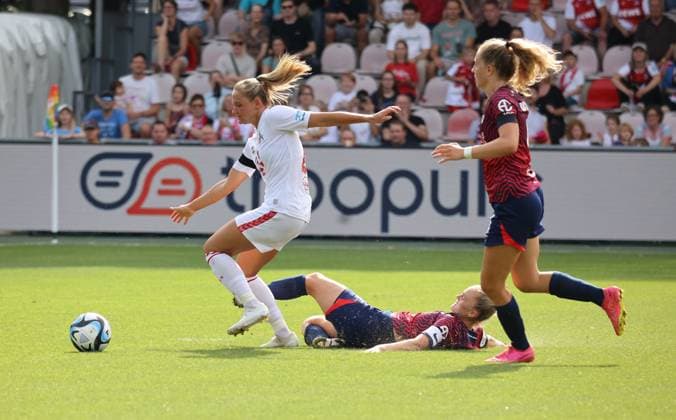 Marleen Schimmer Cologne , Victoria Krug Leipzig , 1 FC Cologne RB Leipzig, Google Pixel Frauen Bundesliga, 1 Spieltag, Cologne, Germany, 17 09 2023