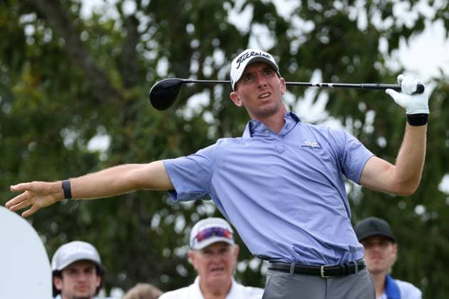 COLLEGE GROVE, TN - SEPTEMBER 17: Max Greyserman points as his tee shot goes offline from the No. 7 tee box during the final round of the Korn Ferry Tour Finals Simmons Bank Open, September 17, 2023 at The Grove in College Grove, Tennessee. (Photo by Matthew Maxey Icon Sportswire) GOLF: SEP 17 Simmons Bank Open EDITORIAL USE ONLY Icon23091707