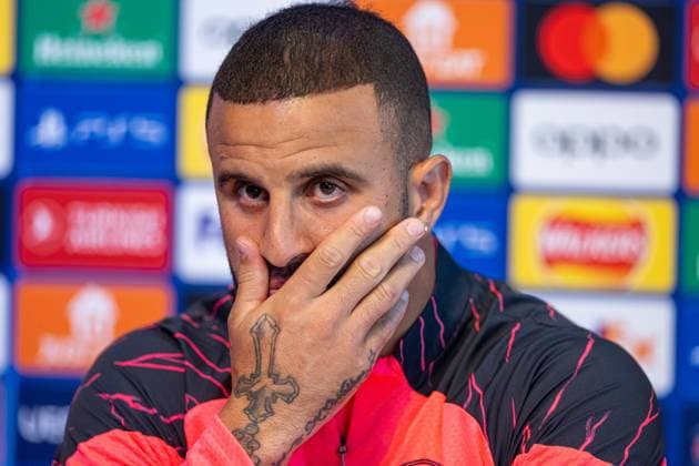 Football - UEFA Champions League - Group G MD-1 - Manchester City FC v Red Star Belgrade CF MANCHESTER, ENGLAND - Monday, September 18, 2023: Manchester City s Kyle Walker during a pre-match press conference, PK, Pressekonferenz at the Etihad Campus ahead of the UEFA Champions League Group G match between Manchester City FC and Red Star Belgrade. MANCHESTER City of Manchester Stadium GREATER MANCHESTER ENGLAND  Copyright: xDavidxRawcliffex P2023-09-18-Man_City_Red_Star_MD-1-38