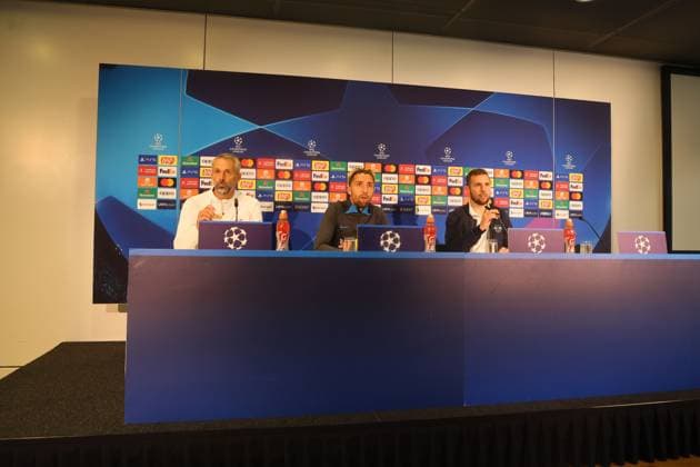 Bern RB Leipzig CL Matchday 1 Bern, 18 09 2023, Wankdorf Stadion, Football , UEFA Champions League, Group G , MD 1, Young Boys Bern vs RB Leipzig , Press conference RB Leipzig , In picture vl l coach Marco Rose, Kevin Kampl and RBL press officer Till Müller , Photo intended for editorial use only , UEFA regulations prohibit any use of photographs as image sequences and or quasi video ,