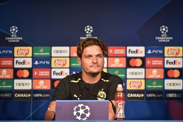 Champions League Football - Borussia Dortmund training session - Paris Borussia Dortmund s Chef-Trainer Edin Tarzic delivers a press conference, PK, Pressekonferenz prior to a training session of Borussia Dortmund on the eve of the Champions League football match between Paris Saint-Germain and Borussia Dortmund at the Parc des Princes stadium in Paris on September 18, 2023. Photo by Firas Abdullah ABACAPRESS.COM Paris Ã?le-de-France France  Copyright: xAbdullahxFiras ABACAx 868183_003 AbdullahxFiras ABACAx 868183_003