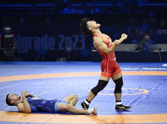 Sport Themen der Woche KW38 Sport Bilder des Tages Wrestling: World championships Daichi Takatani of Japan reacts after beating Georgios Kougioumtsidis of Greece in the men s freestyle 74-kilogram bronze medal match at the world wrestling championships in the Serbian capital of Belgrade on Sept. 18, 2023.  A14AA0001893524P