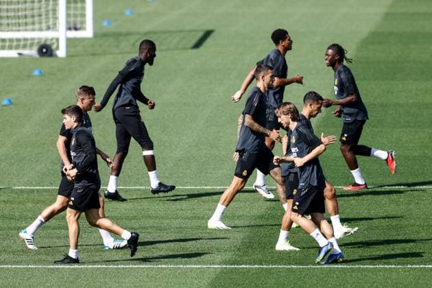 September 19, 2023: Luka Modric, Lucas Vazquez and Joselu Mato in action during the training day of Real Madrid to play the UEFA Champions League football match against Union Berlin at Ciudad Deportiva Real Madrid on September 19, 2023, in Valdebebas, Madrid, Spain. - ZUMAa181 20230919_zaa_a181_002 Copyright: xOscarxJ.xBarrosox