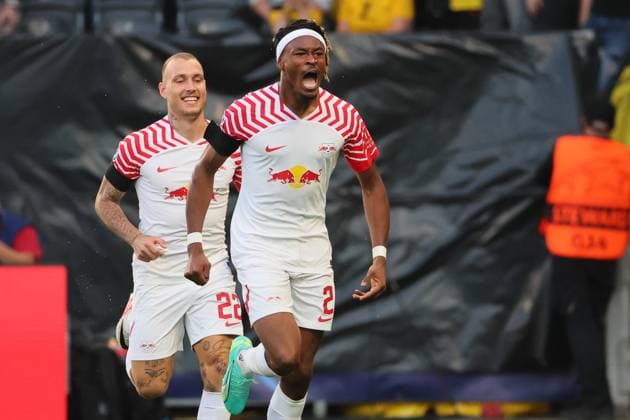 Bern RB Leipzig Champions League Bern, 19 09 2023, Wankdorf Stadion, Football , UEFA Champions League, Group G , Matchday 1, Young Boys Bern vs RB Leipzig , In picture goal for Leipzig, goal celebration after 0 1, goal scorer Mohamed Simakan 2, RB Leipzig , Photo intended for editorial use only , UEFA regulations prohibit any use of photographs as image sequences and or quasi video ,