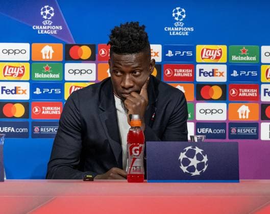 Andre Onana Goalkeeper Goalkeeper, Manchester United FC, 24 GER, Press conference before the match FC Bayern Muenchen vs Manchester United FC, Football, Championsleague, Season 2023 2024, 19 09 2023 DFL DFB REGULATES PROHIBIT ANY USE OF PHOTOGRAPHS as IMAGE SEQUENCES and or QUASI VIDEO GER, Press conference before the match FC Bayern Muenchen vs Manchester United FC, Football, Championsleague, Season 2023 2024, 19 09 2023 Muenchen Copyright: xEibner-Pressefoto HeikexFeinerx EP_HFR