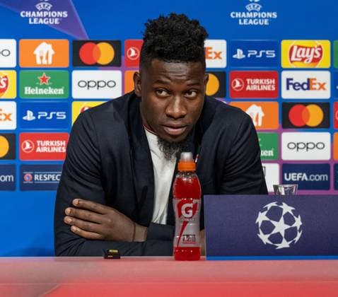 Andre Onana Goalkeeper Goalkeeper, Manchester United FC, 24 GER, Press conference before the match FC Bayern Muenchen vs Manchester United FC, Football, Championsleague, Season 2023 2024, 19 09 2023 DFL DFB REGULATES PROHIBIT ANY USE OF PHOTOGRAPHS as IMAGE SEQUENCES and or QUASI VIDEO GER, Press conference before the match FC Bayern Muenchen vs Manchester United FC, Football, Championsleague, Season 2023 2024, 19 09 2023 Muenchen Copyright: xEibner-Pressefoto HeikexFeinerx EP_HFR