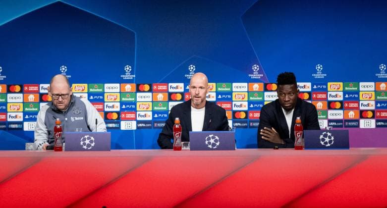 Erik ten Hag Head Coach Head Coach, Manchester United FC, center and Andre Onana Goalkeeper Goalkeeper, Manchester United FC, 24, right GER, press conference before the match FC Bayern Muenchen vs Manchester United FC, soccer, Championsleague, season 2023 2024, 19 09 2023 DFL DFB REGULATES PROHIBIT ANY USE OF PHOTOGRAPHS as IMAGE SEQUENCES and or QUASI VIDEO GER, press conference before the match FC Bayern Muenchen vs Manchester United FC, football, Championsleague, season 2023 2024, 19 09 2023 Muenchen Copyright: xEibner-Pressefoto HeikexFeinerx EP_HFR