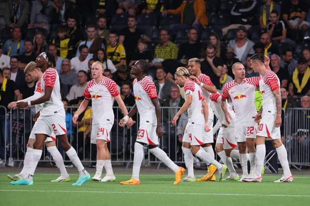 Bern RB Leipzig Champions League Bern, 19 09 2023, Wankdorf Stadium, Football , UEFA Champions League, Group G , Matchday 1, Young Boys Bern vs RB Leipzig , In picture goal for Leipzig, goal celebration after the 1 3, goal scorer Benjamin Sesko 30, RB Leipzig , Photo intended for editorial use only , UEFA regulations prohibit any use of photographs as image sequences and or quasi video ,