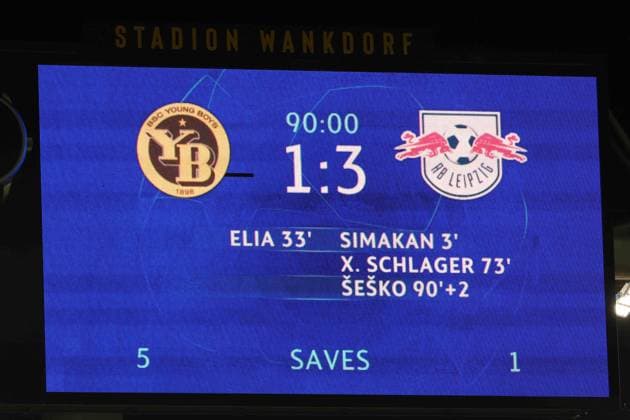Bern RB Leipzig Champions League Bern, 19 09 2023, Wankdorf Stadium, Football , UEFA Champions League, Group G , Matchday 1, Young Boys Bern vs RB Leipzig , In the picture scoreboard with the final score of 1 3 , Photo intended for editorial use only , UEFA regulations prohibit any use of photographs as image sequences and or quasi video ,