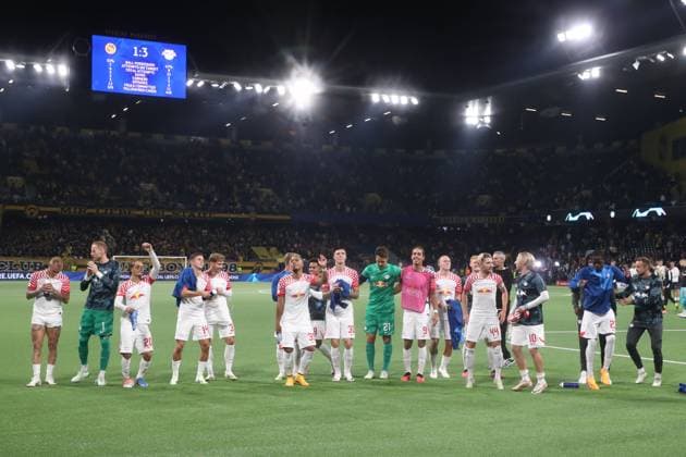 Bern RB Leipzig Champions League Bern, 19 09 2023, Wankdorf Stadium, Football , UEFA Champions League, Group G , Matchday 1, Young Boys Bern vs RB Leipzig , In picture victory cheer RB Leipzig , Photo intended for editorial use only , UEFA regulations prohibit any use of photographs as image sequences and or quasi video ,