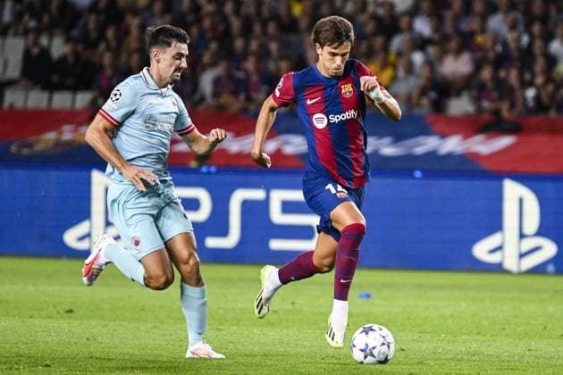 Antwerp s Jelle Bataille and Barcelona s Joao Felix pictured in action during a soccer game between Spanish FC Barcelona, Barca and Belgian Royal Antwerp FC, on Tuesday 19 September 2023 in Barcelona, Spain, on day 1 of the Champions League group stage, in group H. TOM GOYVAERTS TomxGoyvaerts  x74450655x