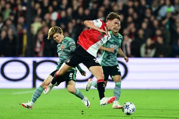 ROTTERDAM - (l-r) Kyogo of Celtic, Mats Wieffer of Feyenoord during the UEFA Champions League match between Feyenoord and Celtic FC at Feyenoord Stadion de Kuip on September 19, 2023 in Rotterdam, Netherlands. ANP OLAF KRAAK Group E - UEFA Champions League 2023 2024 xVIxANPxSportx xxANPxIVx 478715824 originalFilename: 478715824.jpg
