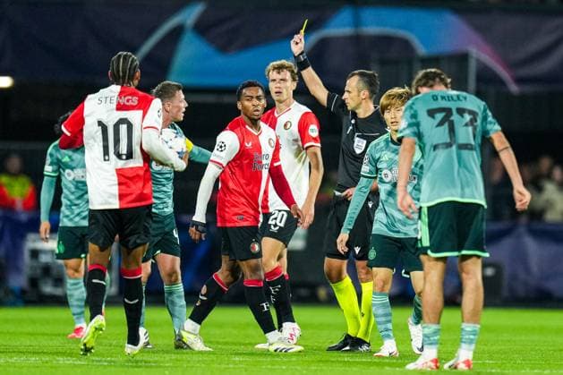 UEFA Champions League: Feyenoord v Celtic Rotterdam - Greg Taylor of Celtic, Referee Irfan Peljto during the 1st leg of the UEFA Champions League between Feyenoord v Celtic at Stadion Feijenoord De Kuip on 19 September 2023 in Rotterdam, The Netherlands. Copyright: xYannickxVerhoevenx