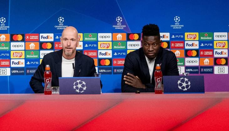Erik ten Hag Head Coach Head Coach, Manchester United FC and Andre Onana Goalkeeper Goalkeeper, Manchester United FC, 24 GER, press conference before the match FC Bayern Muenchen vs Manchester United FC, football, Championsleague, season 2023 2024, 19 09 2023 DFL DFB REGULATES PROHIBIT ANY USE OF PHOTOGRAPHS as IMAGE SEQUENCES and or QUASI VIDEO GER, press conference before the match FC Bayern Muenchen vs Manchester United FC, football, Championsleague, season 2023 2024, 19 09 2023 Muenchen Copyright: xEibner-Pressefoto HeikexFeinerx EP_HFR