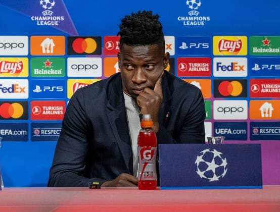 Andre Onana Goalkeeper Goalkeeper, Manchester United FC, 24 looks bored GER, Press conference before the match FC Bayern Muenchen vs Manchester United FC, Football, Championsleague, Season 2023 2024, 19 09 2023 DFL DFB REGULATES PROHIBIT ANY USE OF PHOTOGRAPHS as IMAGE SEQUENCES and or QUASI VIDEO GER, Press conference before the match FC Bayern Muenchen vs Manchester United FC, Football, Championsleague, Season 2023 2024, 19 09 2023 Muenchen Copyright: xEibner-Pressefoto HeikexFeinerx EP_HFR