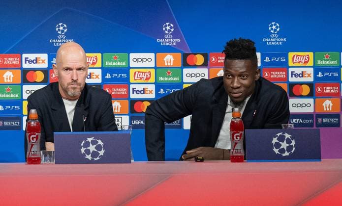 Erik ten Hag Head Coach Head Coach, Manchester United FC and Andre Onana Goalkeeper Goalkeeper, Manchester United FC, 24 GER, press conference before the match FC Bayern Muenchen vs Manchester United FC, football, Championsleague, season 2023 2024, 19 09 2023 DFL DFB REGULATES PROHIBIT ANY USE OF PHOTOGRAPHS as IMAGE SEQUENCES and or QUASI VIDEO GER, press conference before the match FC Bayern Muenchen vs Manchester United FC, football, Championsleague, season 2023 2024, 19 09 2023 Muenchen Copyright: xEibner-Pressefoto HeikexFeinerx EP_HFR