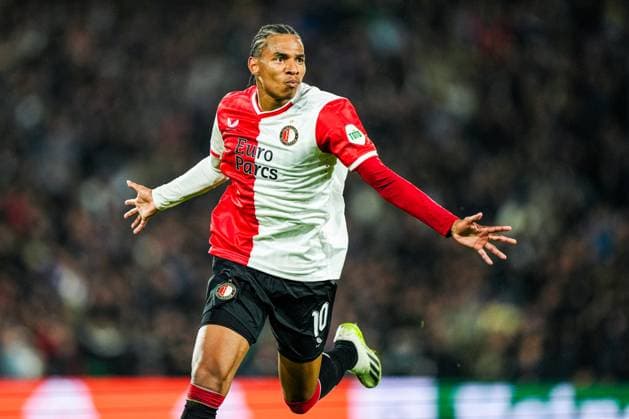 UEFA Champions League: Feyenoord v Celtic Rotterdam - Calvin Stengs of Feyenoord celebrates the 1-0 during the 1st leg of the UEFA Champions League between Feyenoord v Celtic at Stadion Feijenoord De Kuip on 19 September 2023 in Rotterdam, The Netherlands. Copyright: xTomxBodex
