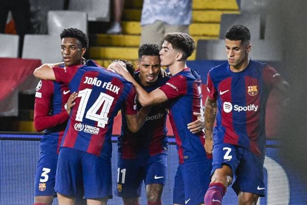 Barcelona s Raphinha celebrates after scoring during a soccer game between Spanish FC Barcelona, Barca and Belgian Royal Antwerp FC, on Tuesday 19 September 2023 in Barcelona, Spain, on day 1 of the Champions League group stage, in group H. TOM GOYVAERTS TomxGoyvaerts  x74455374x