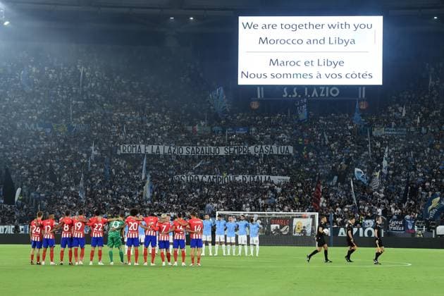 19th September 2023, Stadio Olimpico, Rome, Italy; Champions League Football, Group Stage Football; Lazio versus Atletico Madrid; The big display shows the minutes silence for Libya and Morocco disasters  ActionPlus12555414 AllShotLive