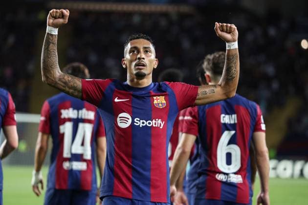 Spain - FC Barcelona, Barca vs Royal Antwerp - 19 09 2023 SPAIN, BARCELONA, SEPTEMBER 19. Raphinha of FC Barcelona celebrates after scoring a goal during the UEFA Champions League group H match between FC Barcelona and Royal Antwerp on September 19, 2023 at Estadi Olimpic Lluis Companys in Barcelona, Spain. Photo by Manuel Blondeau AOP.Press Barcelona Estadi Olimpic Lluis Companys Catalunya Spain Copyright: x ManuelxBlondeau AOP.Pressx AOP20230919 - 0018