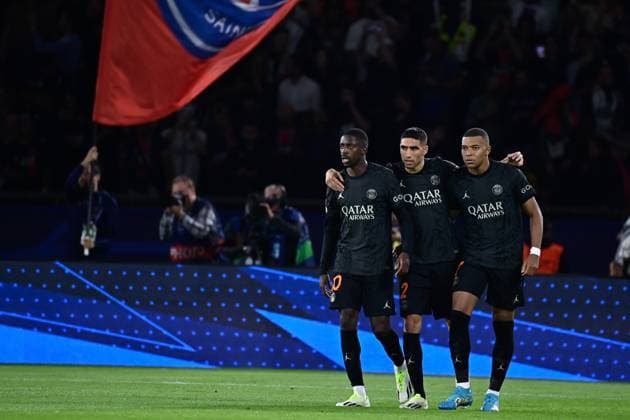 Attitude - Joie de Ousmane DEMBELE ( 10 - PSG ) - Achraf Hakimi ( 2 - PSG ) - Kylian Mbappe ( 7 - PSG ) - FOOTBALL : Paris Saint Germain vs Borussia Dortmund - Ligue des Champions - 19 09 2023 FedericoPestellini Panoramic 