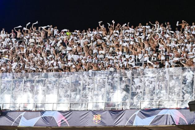 Antwerp s supporters pictured during a soccer game between Spanish FC Barcelona, Barca and Belgian Royal Antwerp FC, on Tuesday 19 September 2023 in Barcelona, Spain, on day 1 of the Champions League group stage, in group H. TOM GOYVAERTS TomxGoyvaerts  x74456349x