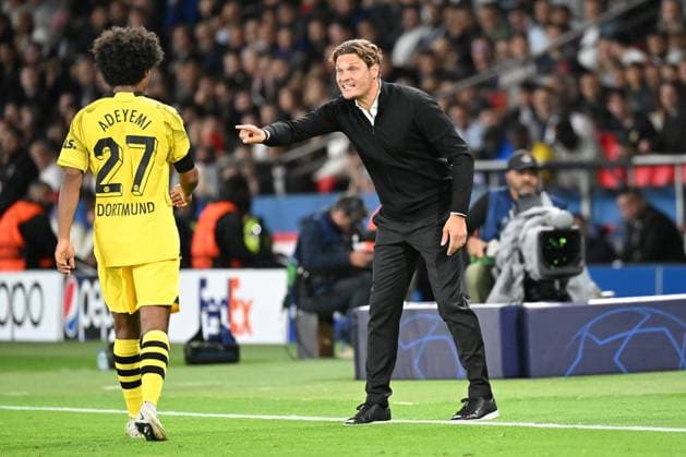 Paris, Parc des Princes, 19 09 23, GER, Men, UEFA Champions League, 2023 2024 season, Paris Saint Germain Borussia Dortmund picture v li Karim ADEYEMI Dortmund and coach Edin TERZIC Dortmund Only for editorial use UEFA regulations prohibit any use of photographs as image sequences and or quasi video France