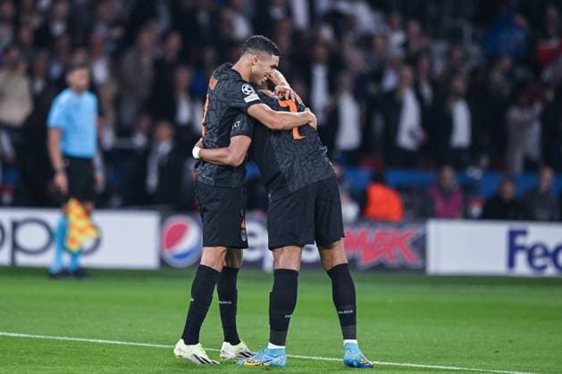 19 09 2023, Football, Champions League, 1 matchday, 2023 2024 season, Paris St Germain Borussia Dortmund, Achraf Hakimi Paris St Germain is happy to score 2 0 with the team xRHR PHOTO TKx Copyright: RHR-FOTOx RHR-FOTO TK
