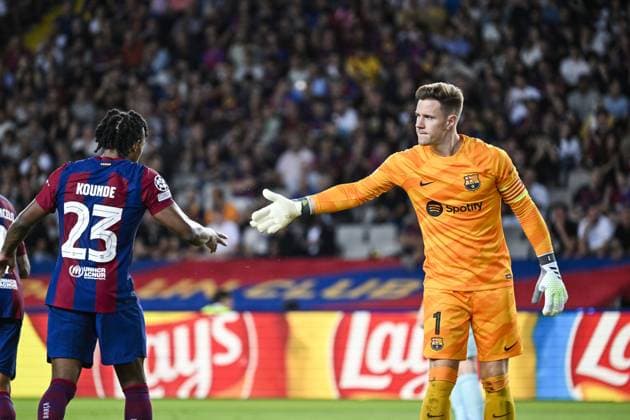 Barcelona s goalkeeper Marc-Andre ter Stegen pictured during a soccer game between Spanish FC Barcelona, Barca and Belgian Royal Antwerp FC, on Tuesday 19 September 2023 in Barcelona, Spain, on day 1 of the Champions League group stage, in group H. TOM GOYVAERTS TomxGoyvaerts  x74457441x