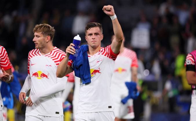 Bern RB Leipzig Champions League Bern, 19 09 2023, Wankdorf Stadium, Football , UEFA Champions League, Group G , Matchday 1, Young Boys Bern vs RB Leipzig 1 3 1 1 , Pictured Leipzig cheers after the match Christoph Baumgartner 14, RB Leipzig , Photo intended for editorial use only , UEFA regulations prohibit any use of photographs as image sequences and or quasi video , Picture Point