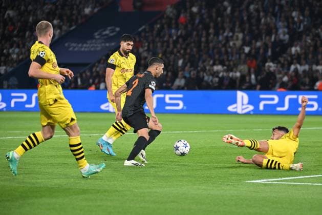 Paris, Parc des Princes, 19 09 23, GER, Men, UEFA Champions League, 2023 2024 season, Paris Saint Germain Borussia Dortmund picture Achraf HAKIMI Paris makes the goal 2 0 Only for editorial use UEFA regulations prohibit any use of photographs as image sequences and or quasi video France