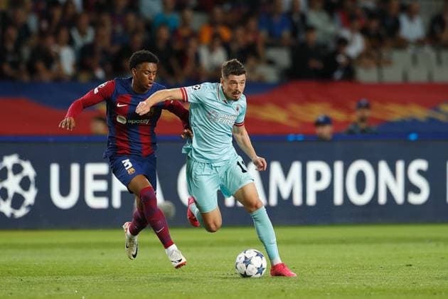 (L-R) Alejandro Balde (Barcelona), Arbnor Muja (Antwerp), SEPTEMBER 19, 2023 - Football Soccer : UEFA Champions League Group stage Group H match between FC Barcelona, Barca 5-0 Royal Antwerp FC at the Estadi Olimpic Lluis Companys in Barcelona, Spain. Noxthirdxpartyxsales  (229813233)