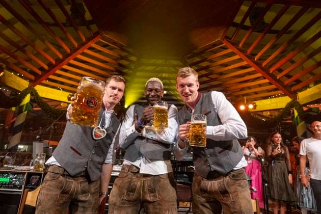 Isaac Bonga, Nils Gifey, Andreas Obst world champion, FCBB Oktoberfest, Paulanerzelt, Munich 19 09 2023 Â