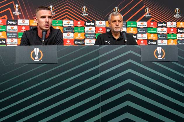 conference de presse du Stade Rennais PHOTOPQR OUEST FRANCE Philippe RENAULT ; Rennes ; 20 09 2023 ; Football. Europa League. À la veille du match Stade Rennais FC -Maccabi-Haïfa-FC, conférence de presse du Stade Rennais FC. Benjamin Bourigeaud et Bruno Genesio, entraineur Photo Philippe RENAULT Ouest-France - sept 20th 2023. Soccer Europa League. press conference, PK, Pressekonferenz of Rennes Rennes France  Copyright: xPHOTOPQR OUESTxFRANCE MAXPPPxPhilippexRENAULTx 20230920OFR3786 20230920OFR3786