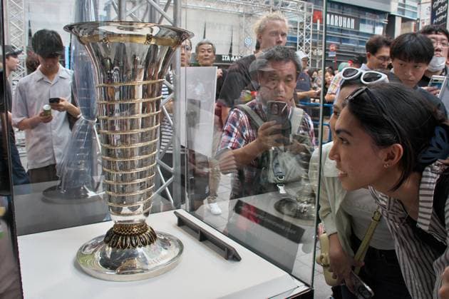 FIA F1 World drivers championship Trophy is seen displayed during an event for F1 Japan Grand Prix Formula 1 Tokyo Festival 2023 at Kabuki-cho, Shinjuku in Tokyo, Japan on Wednesday, September 20, 2023.  TKP2023092004 KEIZOxMORI